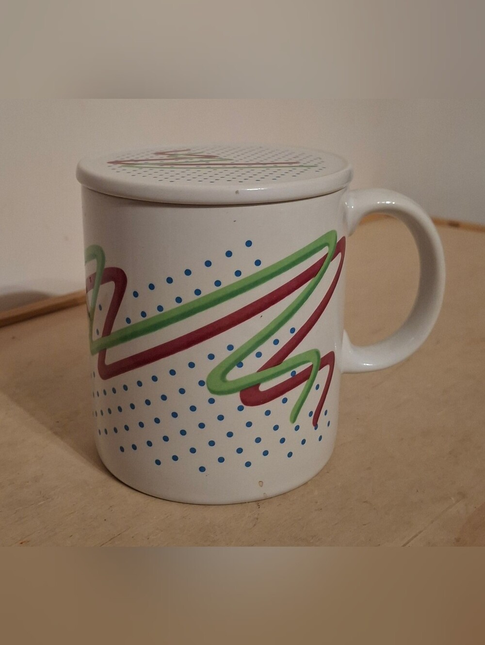 Vintage 90" ceramic mug "especially for you" green & purple swirls, matching lid